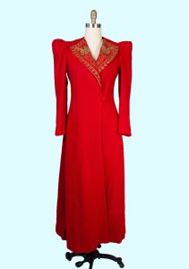 1940s Vintage Coat, RARE 40s Red Full Length Coat with Structured Shoulders and Gold Embellishment - Fashionconservatory.com