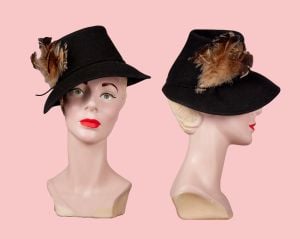 1940s Vintage Hat, 40s Bonnet Hat with Feathers by Merrimac Hat Corp, Vintage Accessories