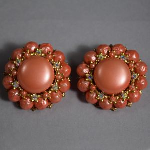 Salmon Pink Huge Round Vintage 60s Bead & Rhinestone Clip Earrings - Fashionconservatory.com