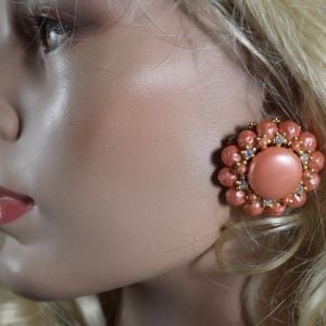 Salmon Pink Huge Round Vintage 60s Bead & Rhinestone Clip Earrings