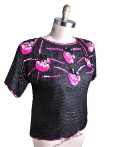 Vintage Avalon Pure Silk Blouse Dressy Black Pink Sequin Scallop Bead Lined Sz M