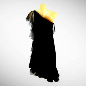 Adele Simpson Couture Cocktail Dress Black Wool with Organza Ruffles One Shoulder and Hi-Lo Hem  - Fashionconservatory.com