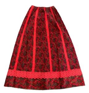 Vintage Red Paisley Maxi Skirt 70s Fine Wale Corduroy Long Elastic Waist S M L