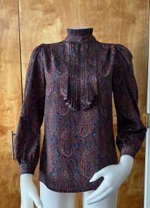 Casual Corner blouse paisley print high neck with  pleated jabot and  puff sleeves