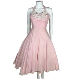 Vintage 1950s Halter Dress with Shelf Bust Pink Chiffon Size XS
