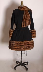1940s Black Long Sleeve Dyed Russian Squirrel Fur Trim Hem Cuffs Scarf Princess Coat by Swansdown - Fashionconservatory.com
