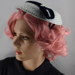 Pale Blue Woven Straw Vintage 50s Tilt Hat with Velour Ribbon Accent - Fashionconservatory.com