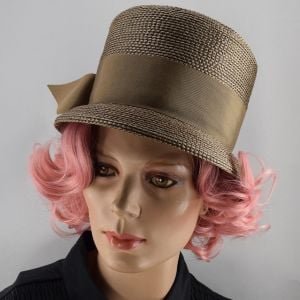 Bronze Brown Lightweight Straw Vintage 60s Hat with Wide Bow