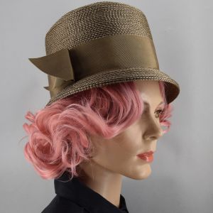 Bronze Brown Lightweight Straw Vintage 60s Hat with Wide Bow - Fashionconservatory.com