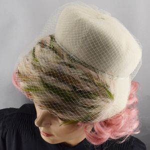 Vanilla Cream Cloche Style Vintage 60s Hat with Soft Feather Accent and Netting - Fashionconservatory.com