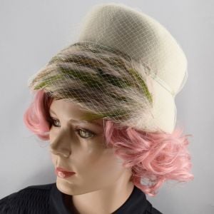 Vanilla Cream Cloche Style Vintage 60s Hat with Soft Feather Accent and Netting