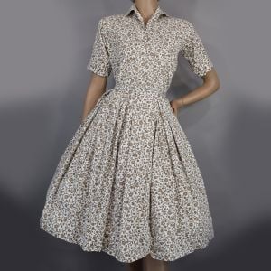 White & Brown Swirling Floral Print Vintage 60s Shirt & Skirt Set XXS XS