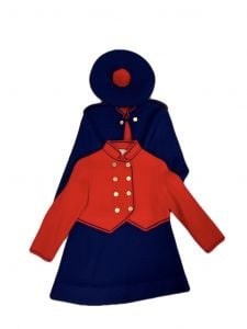 Piccolino Vintage Gino Paoli 3PC Dress Cape Hat Set Girls 4T Red Blue Acrylic 60s - Fashionconservatory.com