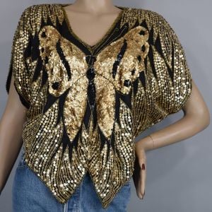 Black & Gold Disco Era Vintage 80s Sequin Butterfly Top S M L