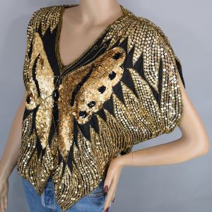 Black & Gold Disco Era Vintage 80s Sequin Butterfly Top S M L - Fashionconservatory.com