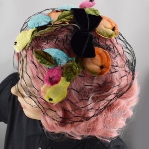 Black Net Vintage 50s Whimsy Hat with Colorful Novelty Sculpted Fruit - Fashionconservatory.com