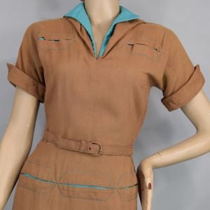Cocoa Brown Vintage 40s Swing Era Day Dress with Aqua Teal Inset Detailing S - Fashionconservatory.com