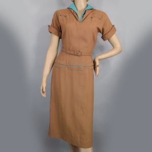 Cocoa Brown Vintage 40s Swing Era Day Dress with Aqua Teal Inset Detailing S