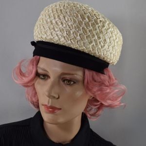Cream & Black Lightweight Vintage 60s Straw Bubble Hat 