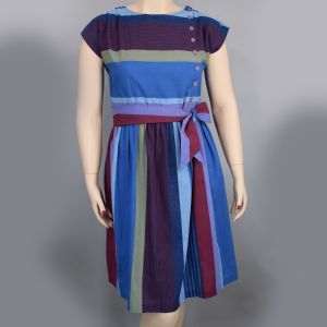 Shades of Blue & Purple Striped Vintage 80s Belted Day Dress M L