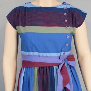 Shades of Blue & Purple Striped Vintage 80s Belted Day Dress M L - Fashionconservatory.com