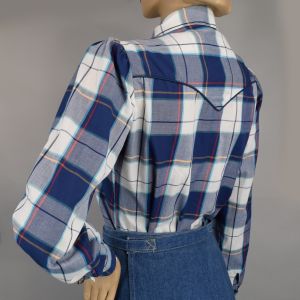 Blue Plaid Western Ruffled Vintage 80s Snap Blouse with Lace Ruffle and Puff Sleeves M - Fashionconservatory.com