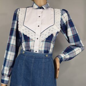 Blue Plaid Western Ruffled Vintage 80s Snap Blouse with Lace Ruffle and Puff Sleeves M