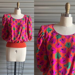 1980s Emmanuel Ungaro Blouse Bright Orange and Pink Silk Abstract Floral with Knit Waist Band Size M