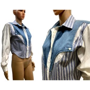 90s Blue & White Denim Crop Western Shirt