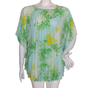 Swim Cover-Up/Top, OS, Accorion Pleates, Blue, Green-yellow Floral