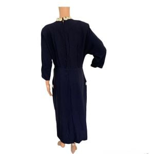 50s 60s Dress Dark Blue Rhinestone Lace Trims 40 31 44 L - Fashionconservatory.com