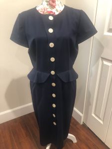 Valentino Original 1980s Button-Down Navy Blue Wool Dress With Peplum