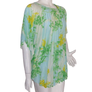 Swim Cover-Up/Top, OS, Accorion Pleates, Blue, Green-yellow Floral - Fashionconservatory.com