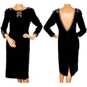 Vintage 1960s Beaded Black Velvet Cocktail Party Dress w Low Back