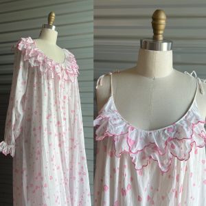 Vintage D Porthault by Ralph Monterero Gown and Robe Set Sheer Cotton White with Red Hearts Ruffles 