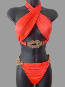 Coral Wrap Front Jeweled Bikini with Rhinestones - Fashionconservatory.com