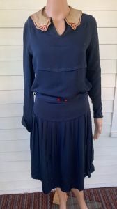 Antique 20s Dress Vintage School Dark Blue Long Sleeve XS