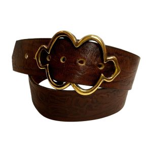 70s Tooled Leather Belt with Large Abstract Brass Buckle 