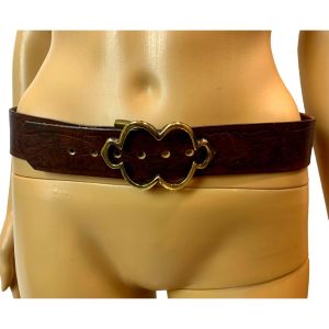 70s Tooled Leather Belt with Large Abstract Brass Buckle  - Fashionconservatory.com