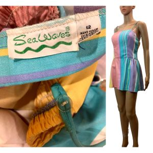 70s Pastel Striped Cotton Swim Dress Summer Top | S - Fashionconservatory.com