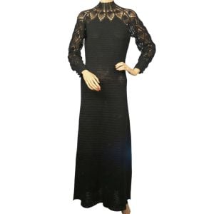 Vintage 1970s Black Crochet Knit Long Dress Size M