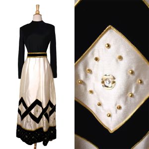 Vintage 70s Kent Originals Hollywood Regency Cream Black Harlequin Evening Gown Maxi Dress
