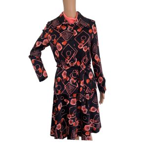 70s Black Coral Print Dress with Blouse Hippie Floral Vintage 36 Bust