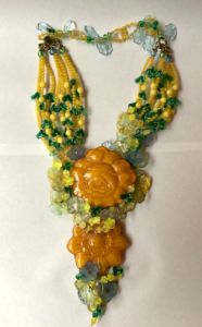 Vintage Signed Arthur Koby Glass Collage of Large and Small Glass Flowers in Marigold, Yellow Green