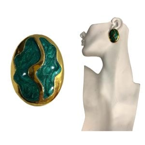 80s Large Oval Gold & Green Enamel Swirl Clip Earrings 