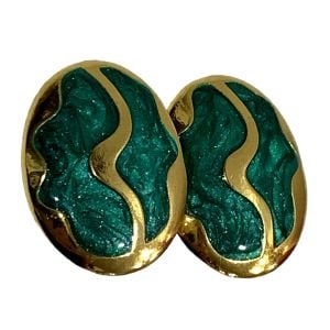 80s Large Oval Gold & Green Enamel Swirl Clip Earrings  - Fashionconservatory.com