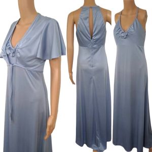 70s Blue Maxi Dress with Shrug Romantic Formal Vintage S