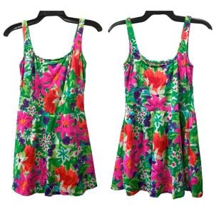 80s Bright Floral One Piece Swimsuit w Skirt  - Fashionconservatory.com
