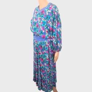 80s Silk Floral Dress Polka Dot Print Trim Vintage M Purple or Blue Periwinkle