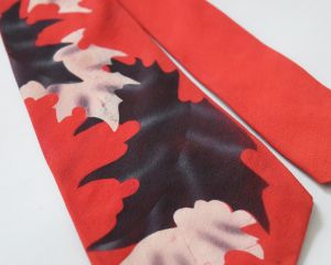Red Handpainted Leaf Print Vintage 50s Swing Era Tie Necktie - Fashionconservatory.com